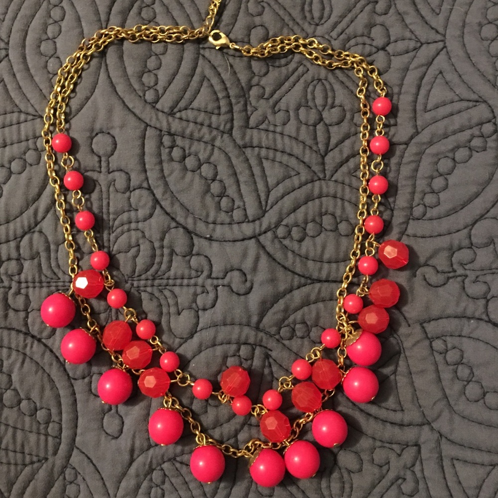 Goldtone and Fushia Double Stranded Necklace